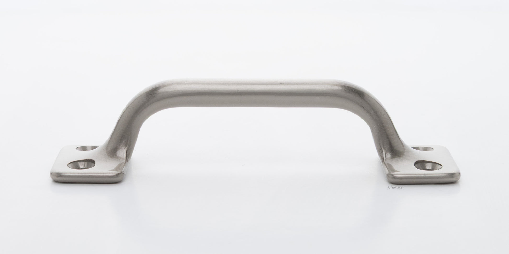 Side view of 3.5 inch solid brass sash window bar lift or utility pull handle shows arch shape and satin or brushed nickel US15 finish