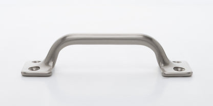 Side view of 3.5 inch solid brass sash window bar lift or utility pull handle shows arch shape and satin or brushed nickel US15 finish