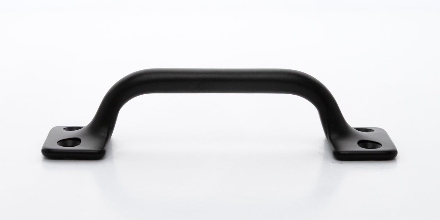 Side view of 3.5 inch solid brass sash window bar lift or utility pull handle shows arch shape and flat or matte black US19 finish