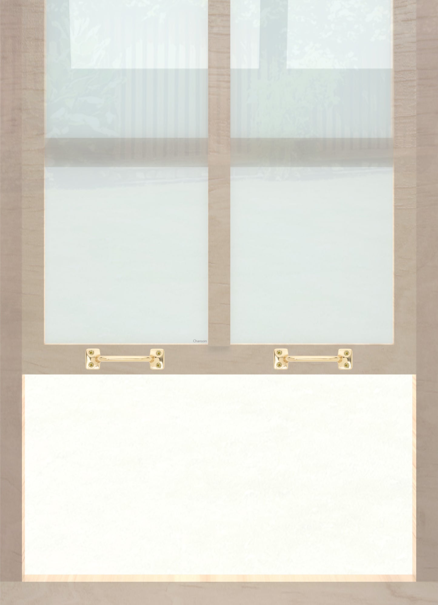 A wooden sash window with a pair of chanson hardware solid brass bar type sash lifts in polished brass finish