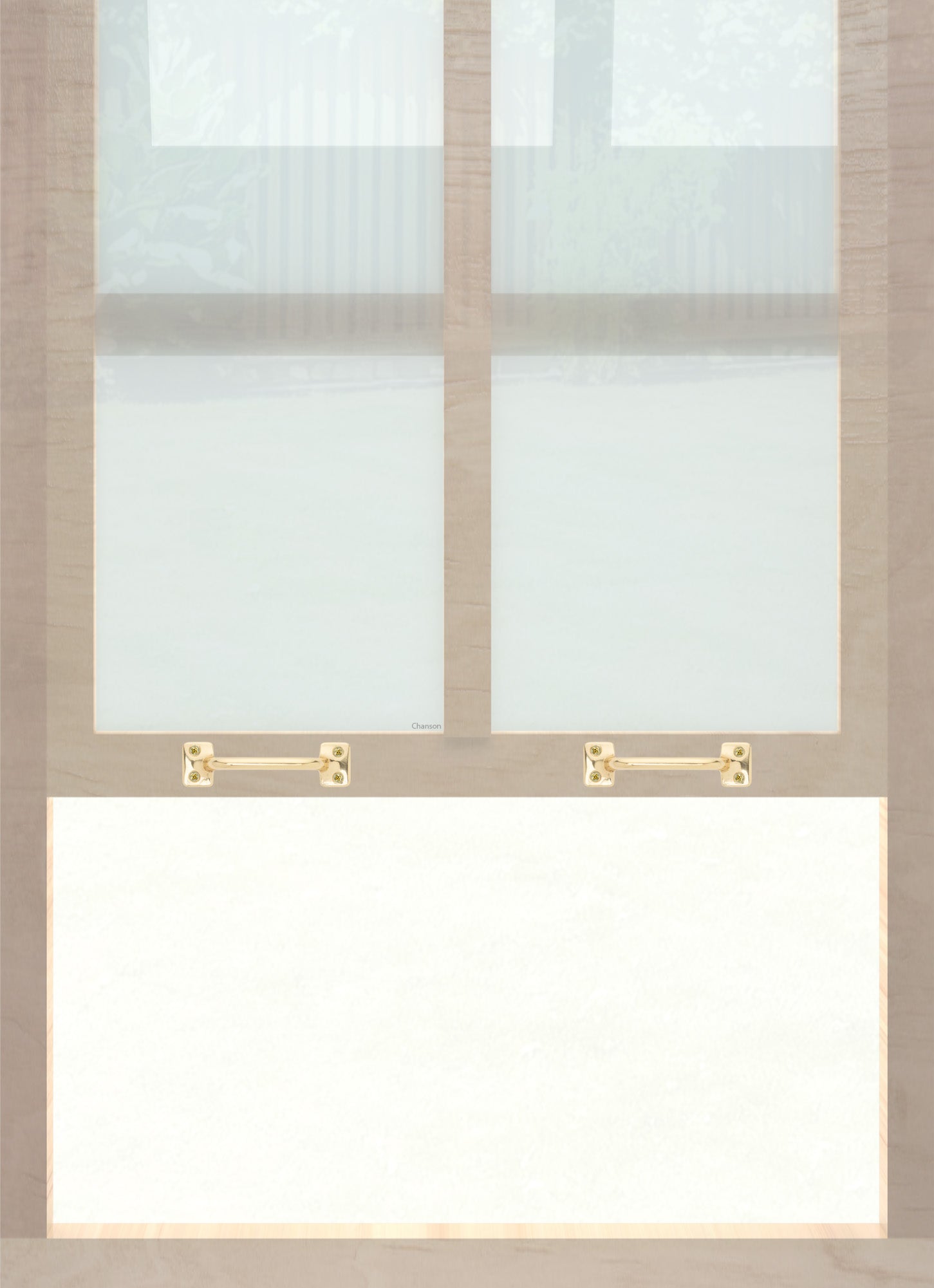 A wooden sash window with a pair of chanson hardware solid brass bar type sash lifts in polished brass finish