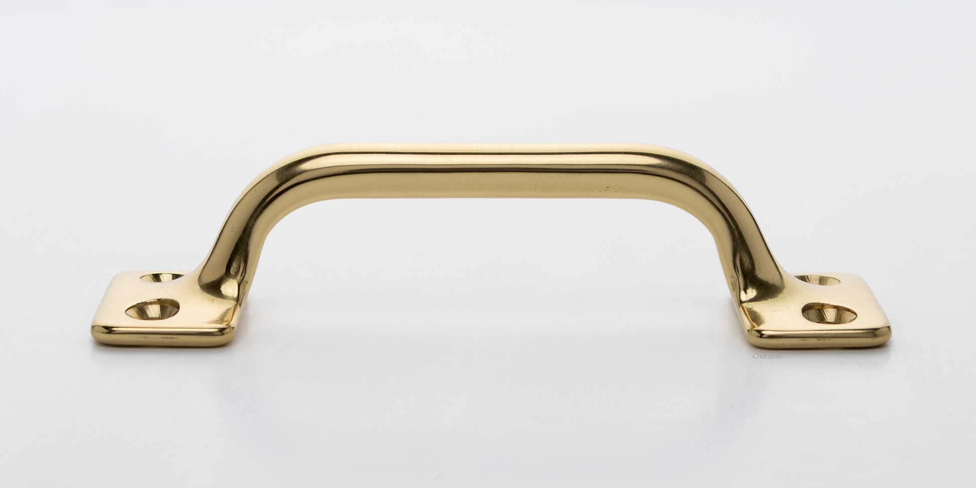 Side view of 3.5 inch solid brass sash window bar lift or utility pull handle shows arch shape and polished brass US3 finish
