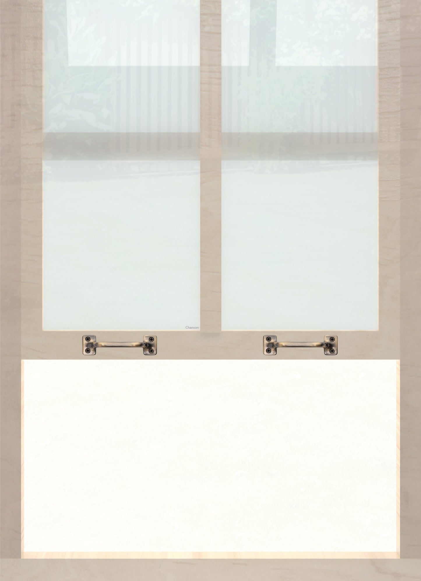 A wooden sash window with a pair of chanson hardware solid brass bar type sash lifts in antique brass finish