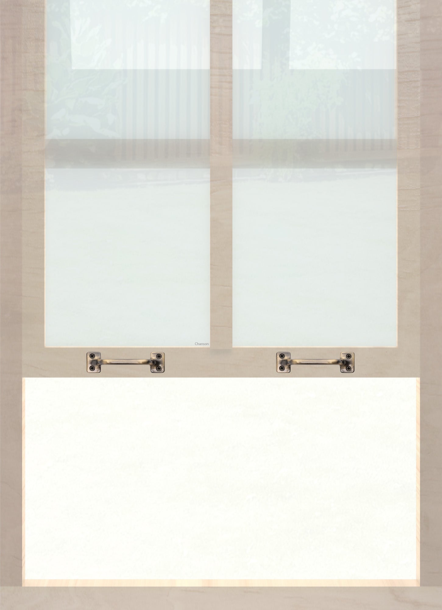 A wooden sash window with a pair of chanson hardware solid brass bar type sash lifts in antique brass finish