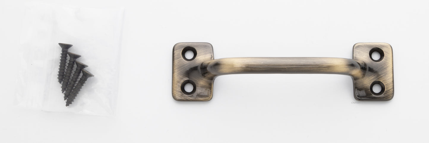 3.5 inch solid brass sash window bar lift pull handle with finish matching screws in antique brass US5 finish