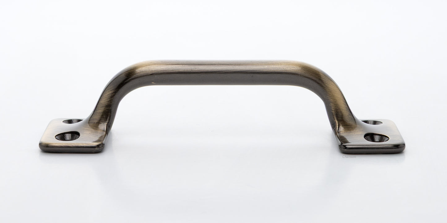 Side view of 3.5 inch solid brass sash window bar lift or utility pull handle shows arch shape and antique brass US5 finish
