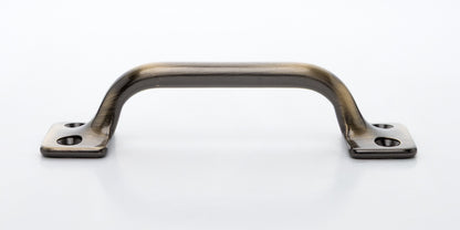 Side view of 3.5 inch solid brass sash window bar lift or utility pull handle shows arch shape and antique brass US5 finish