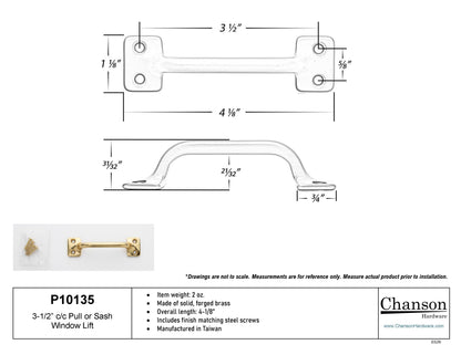 measurements or specifications for chanson hardware 3.5 inch sash bar lift or utility pull handle