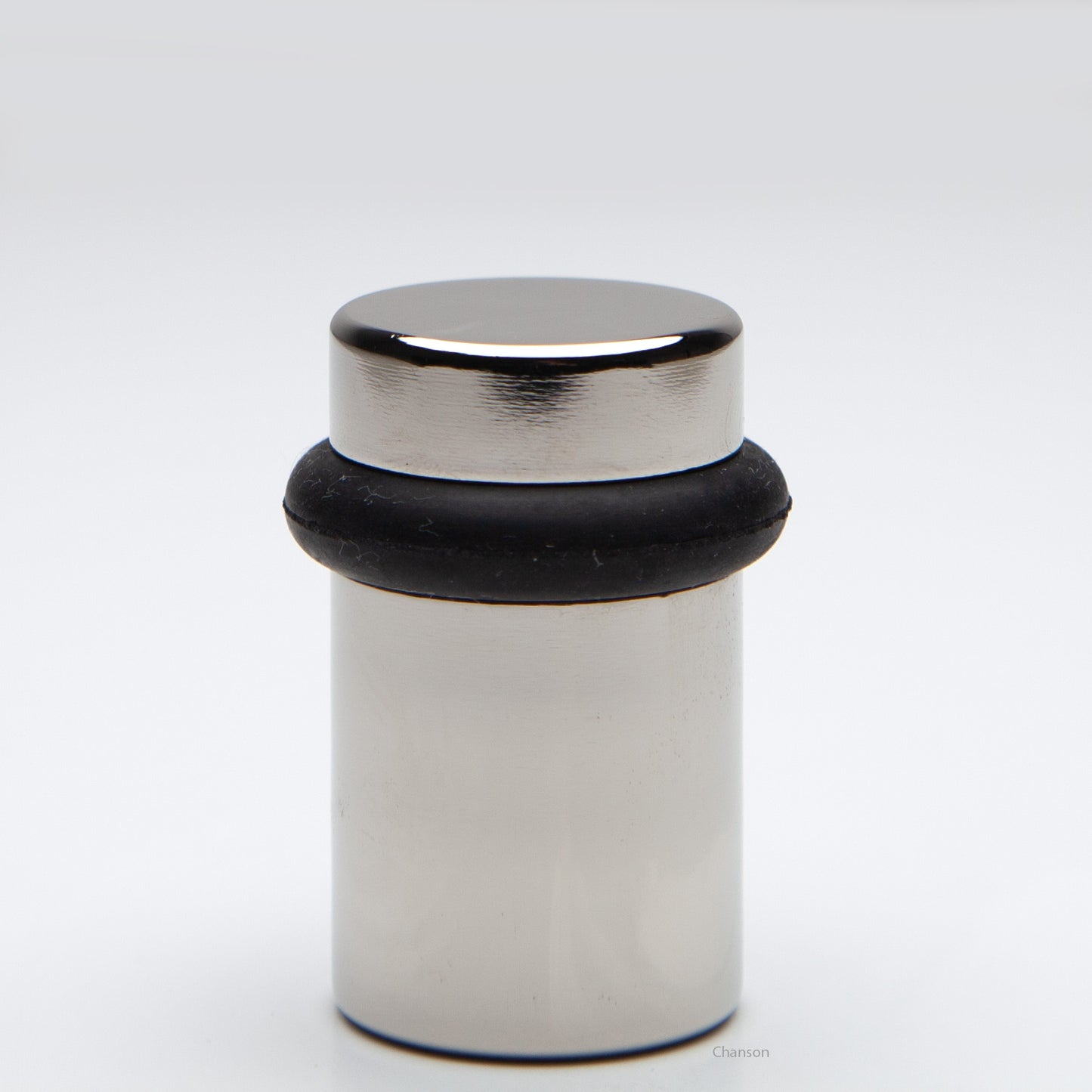 2 inch tall solid brass cylindrical shaped simple universal doorstop or floor bumper in polished nickel finish US14