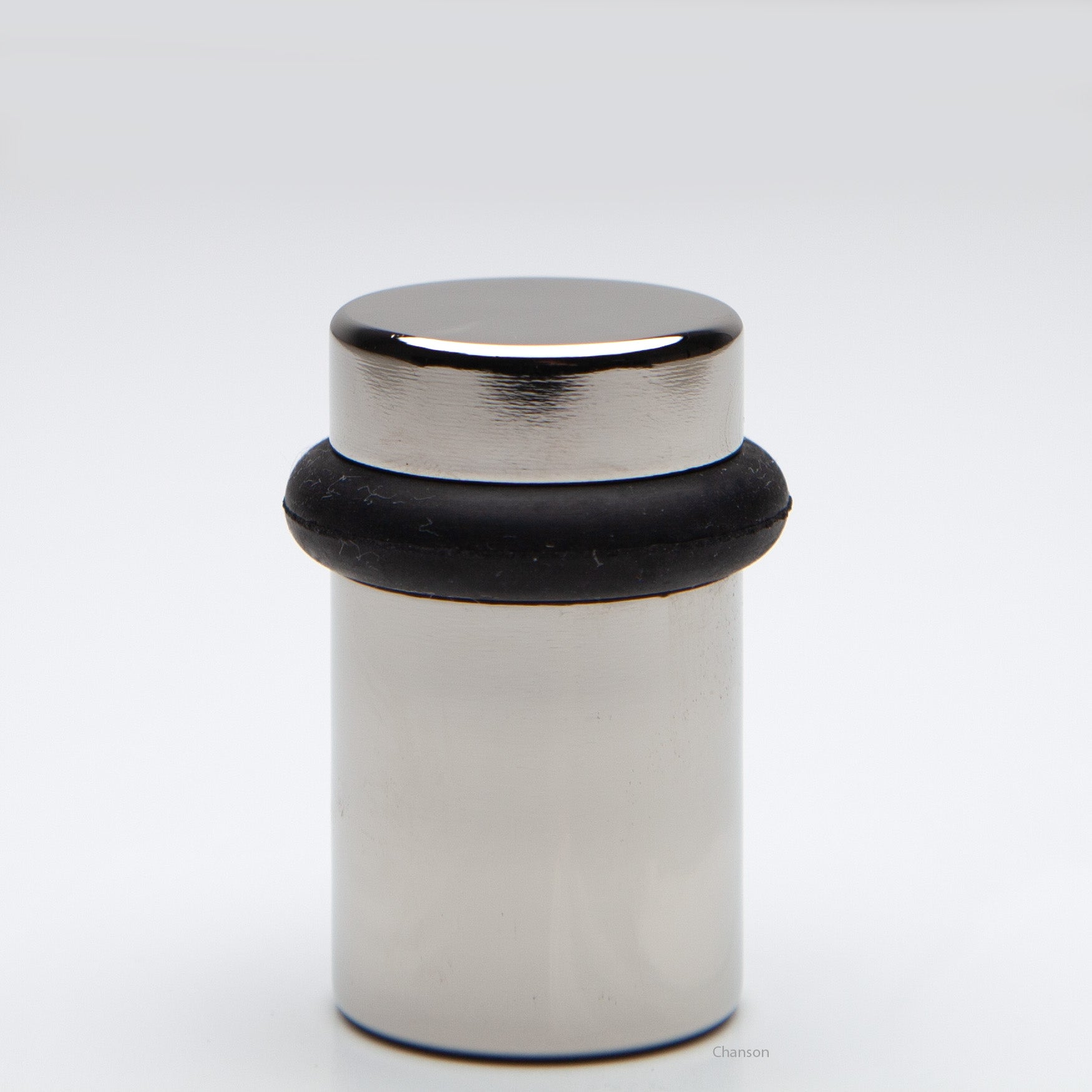 2 inch tall solid brass cylindrical shaped simple universal doorstop or floor bumper in polished nickel finish US14