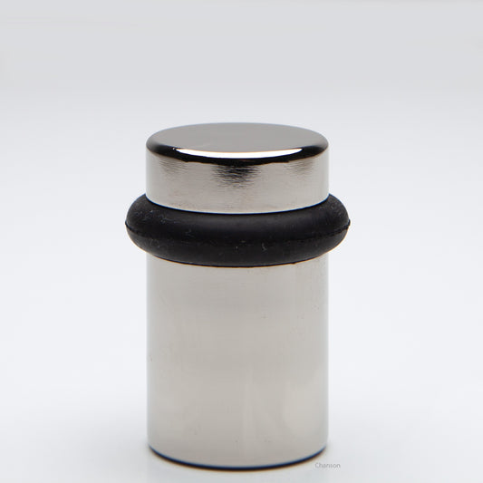 2 inch tall solid brass cylindrical shaped simple universal doorstop or floor bumper in polished nickel finish US14