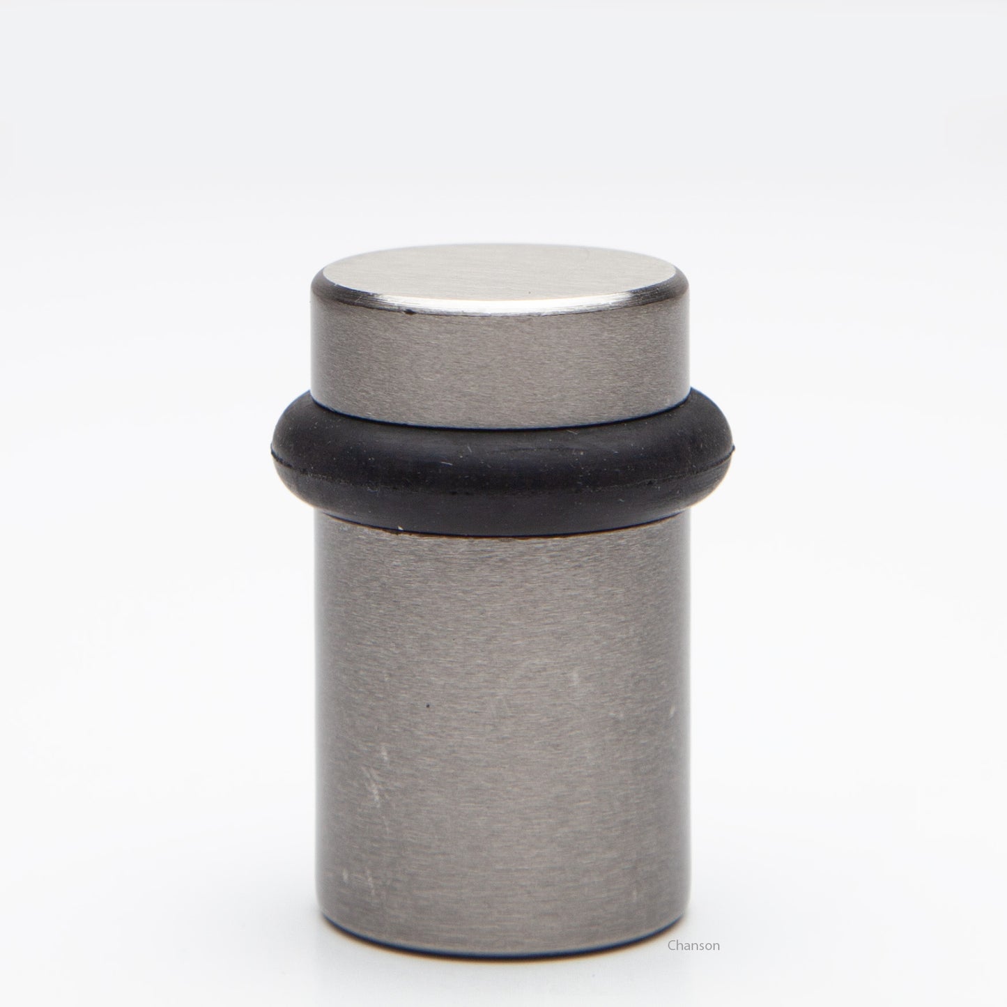 2 inch tall solid brass cylindrical shaped simple universal doorstop or floor bumper in satin or brushed nickel finish US15