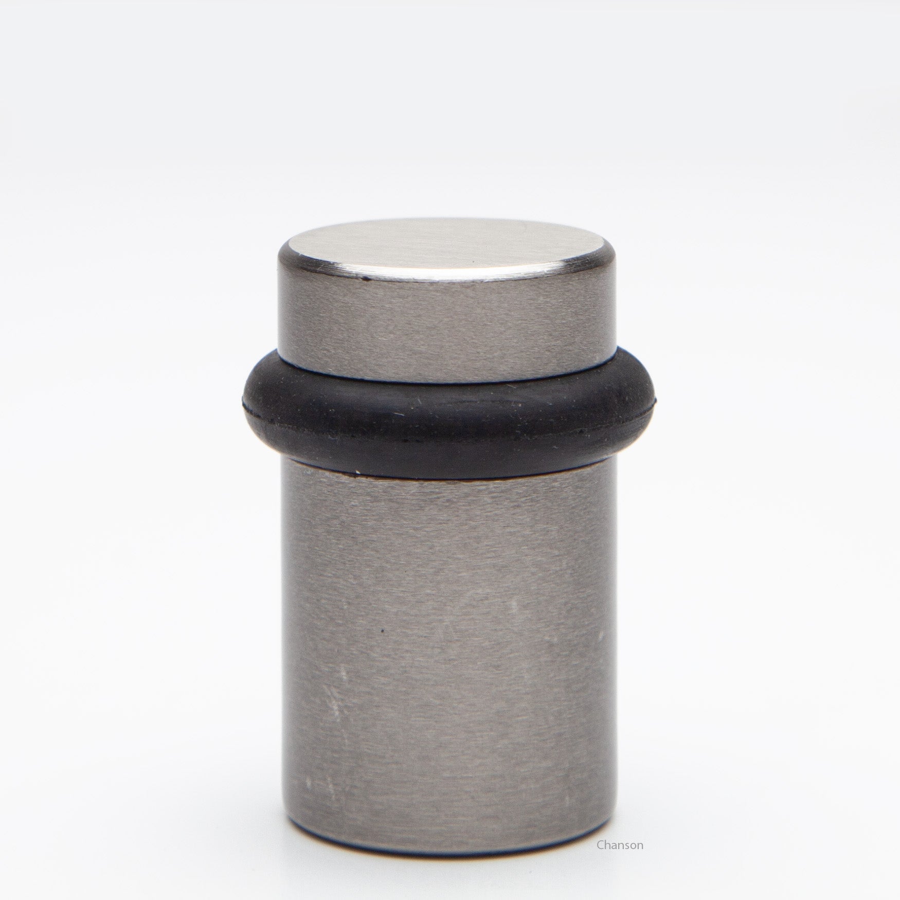 2 inch tall solid brass cylindrical shaped simple universal doorstop or floor bumper in satin or brushed nickel finish US15