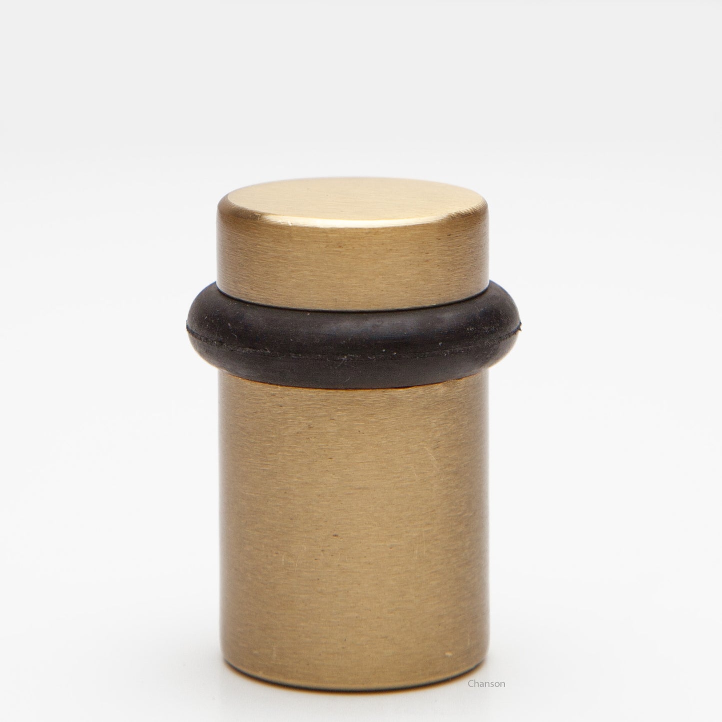 2 inch tall solid brass cylindrical shaped simple universal doorstop or floor bumper in satin brass finish US4
