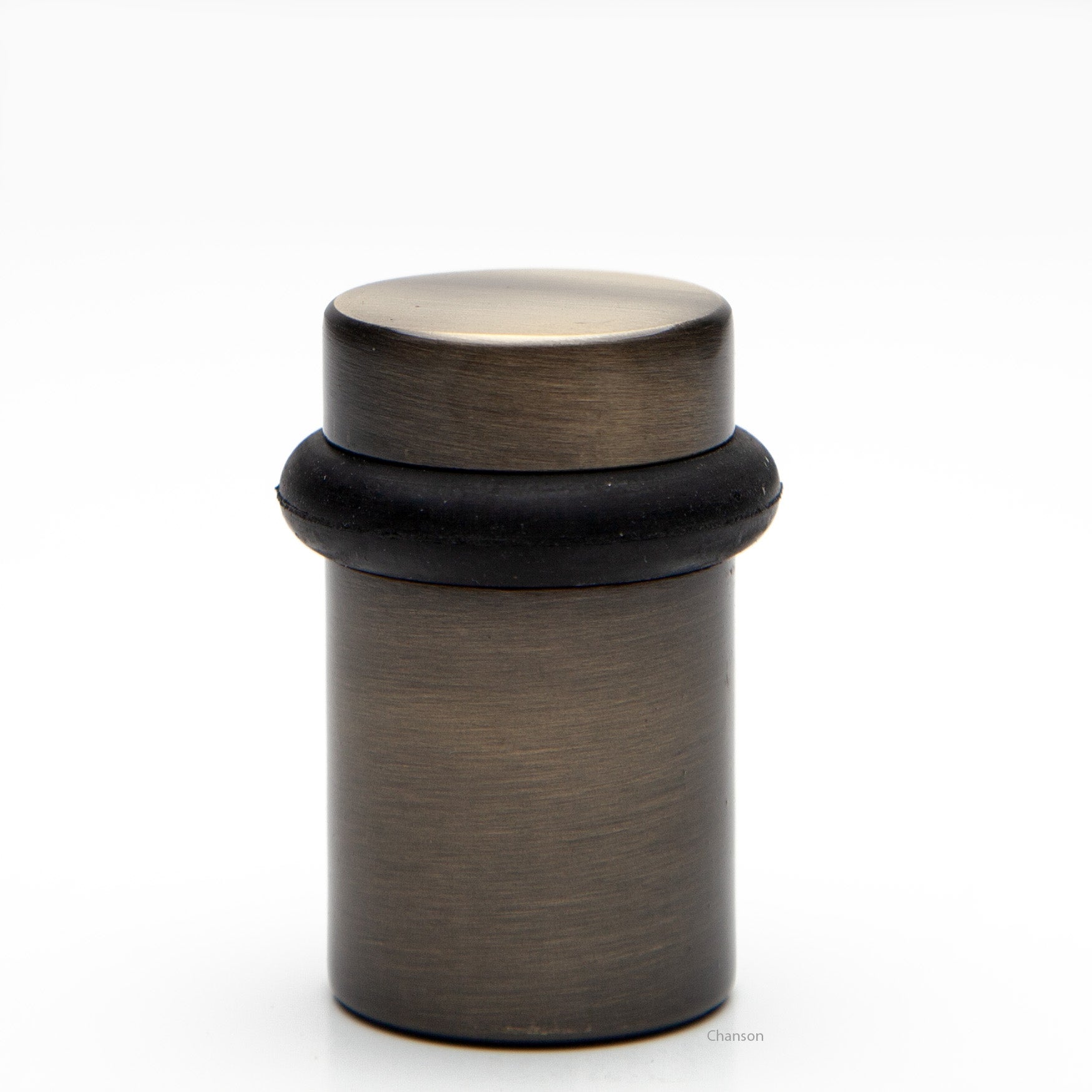 2 inch tall solid brass cylindrical shaped simple universal doorstop or floor bumper in antique brass finish US5