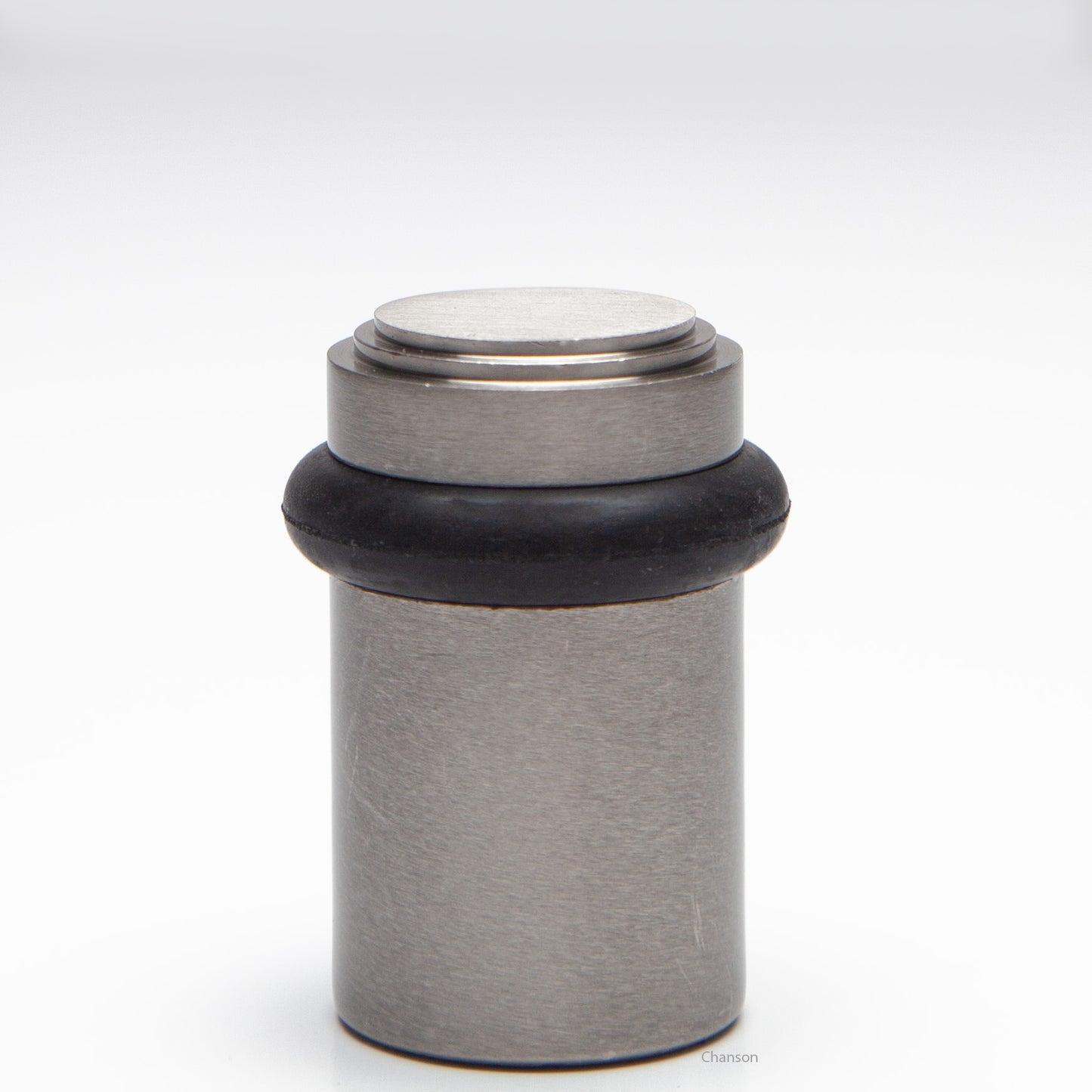 2 inch solid brass decorative floor doorstop or bumper with stepped top and cylindrical top in satin or brushed nickel US15 finish. Art Deco inspired