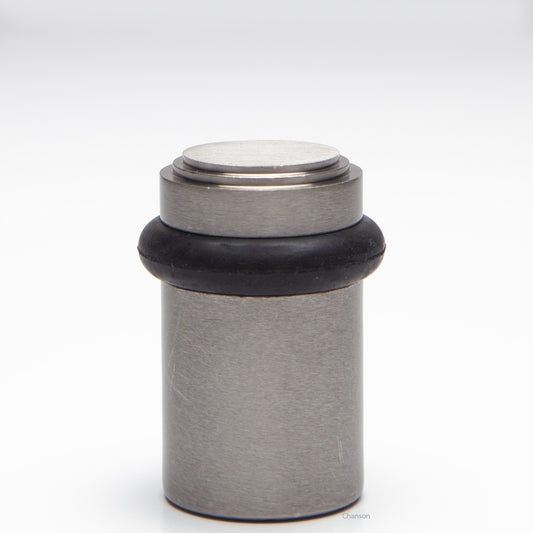 2 inch solid brass decorative floor doorstop or bumper with stepped top and cylindrical top in satin or brushed nickel US15 finish. Art Deco inspired
