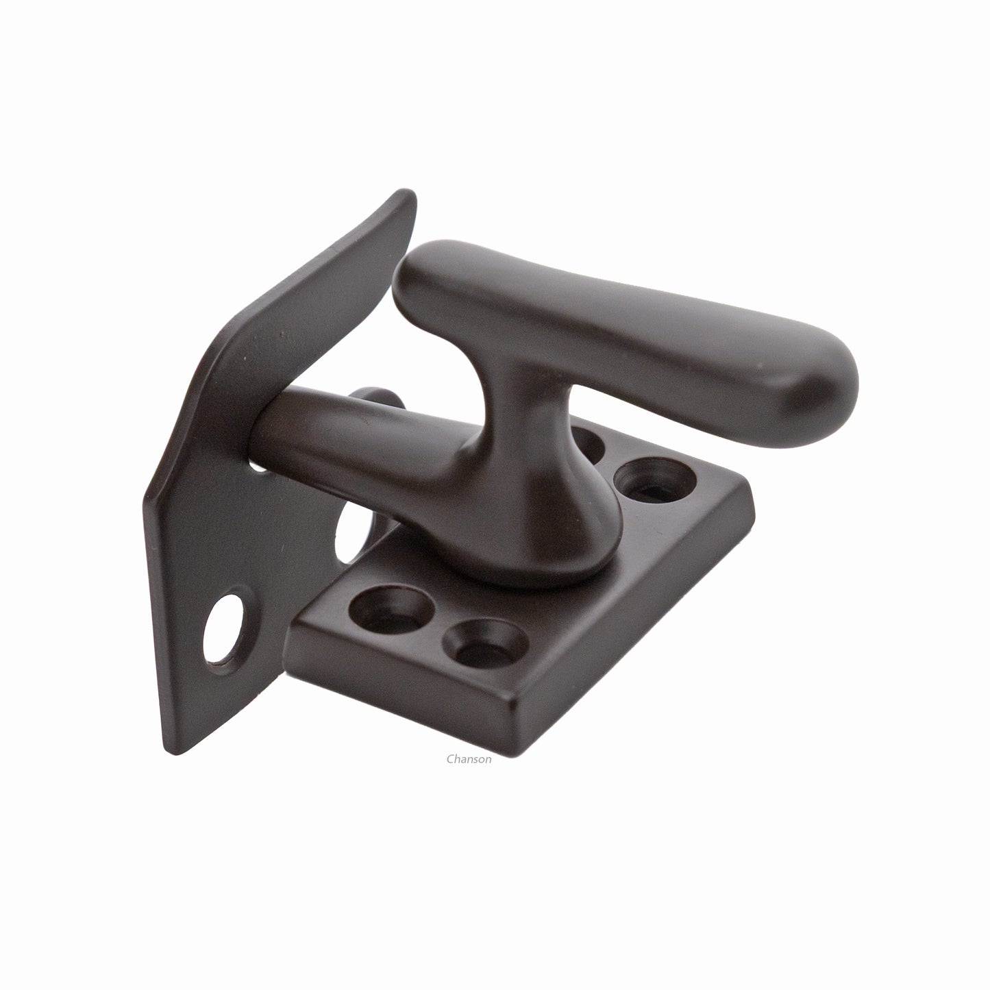Solid brass casement fastener latch unit engaged with rim strike plate in oil rubbed bronzed US10B finish