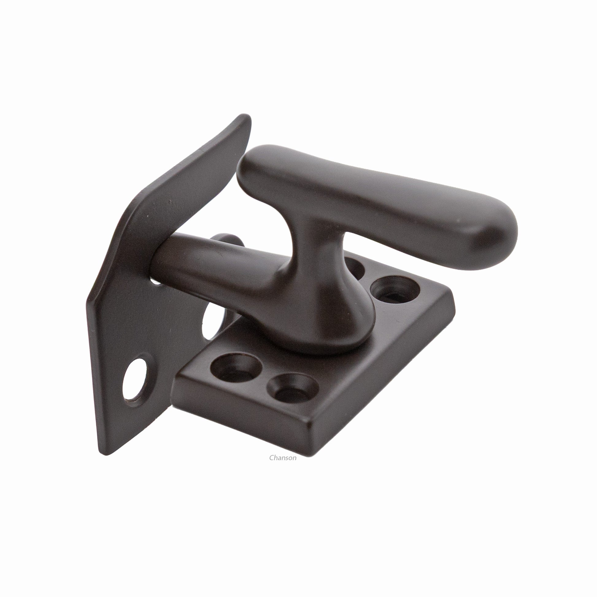 Solid brass casement fastener latch unit engaged with rim strike plate in oil rubbed bronzed US10B finish