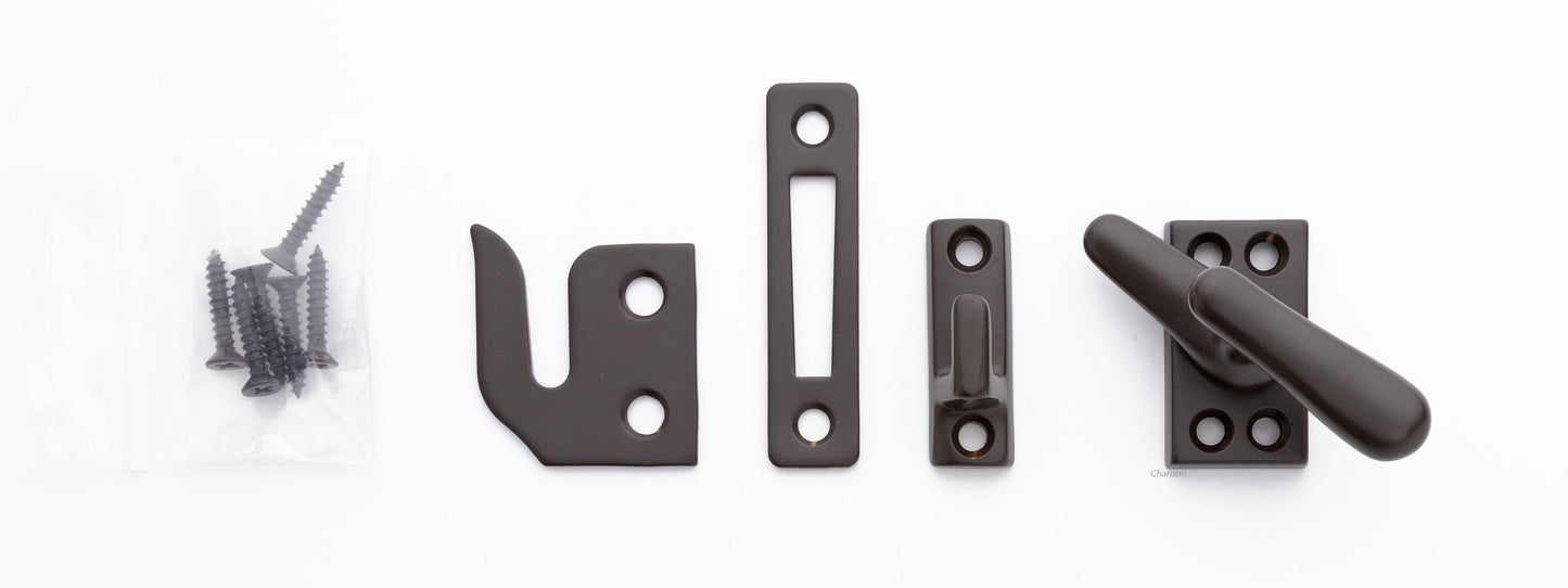 Solid brass casement fastener set that includes surface, rim, and mortise strike and finish matching screws. Finish is oil rubbed bronze US10B