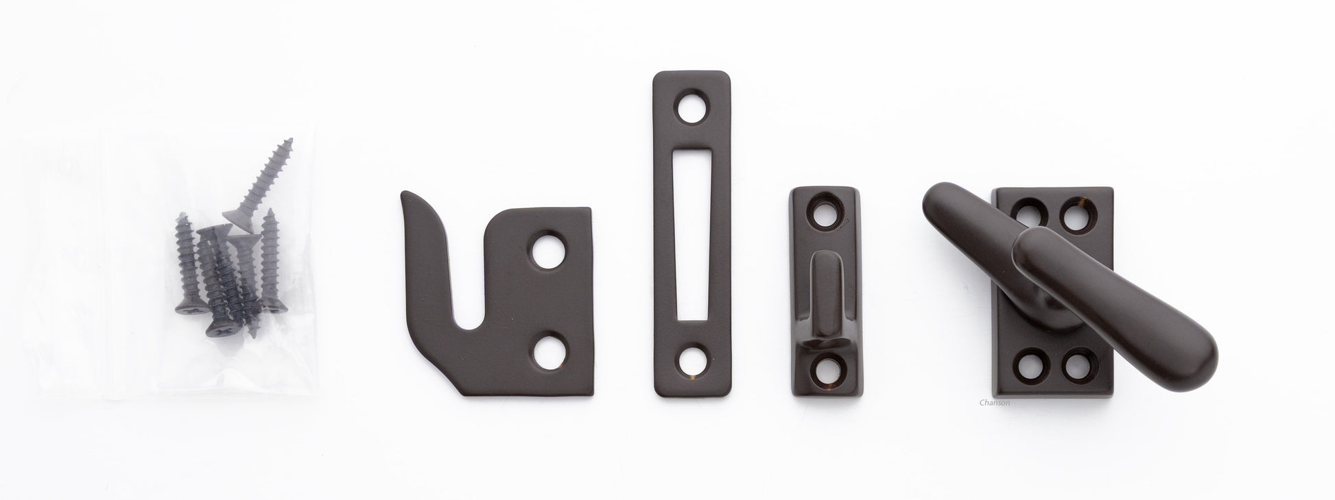 Solid brass casement fastener set that includes surface, rim, and mortise strike and finish matching screws. Finish is oil rubbed bronze US10B