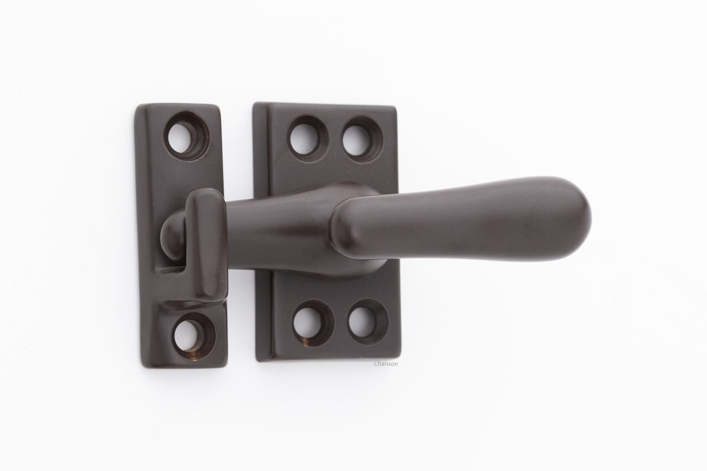Forged solid brass casement fastener latch unit engaged with surface strike in oil rubbed bronze finish US10B