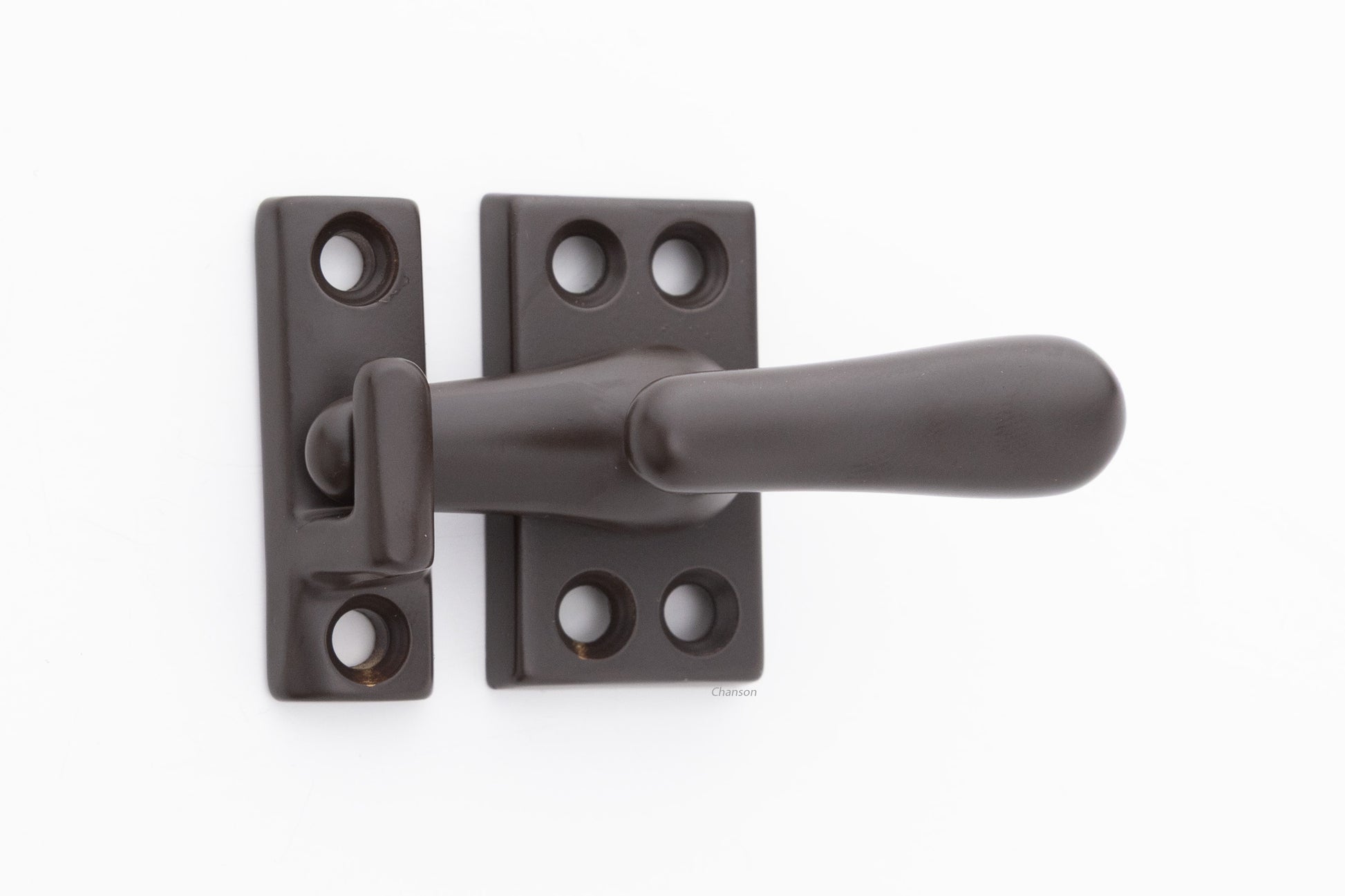 Forged solid brass casement fastener latch unit engaged with surface strike in oil rubbed bronze finish US10B