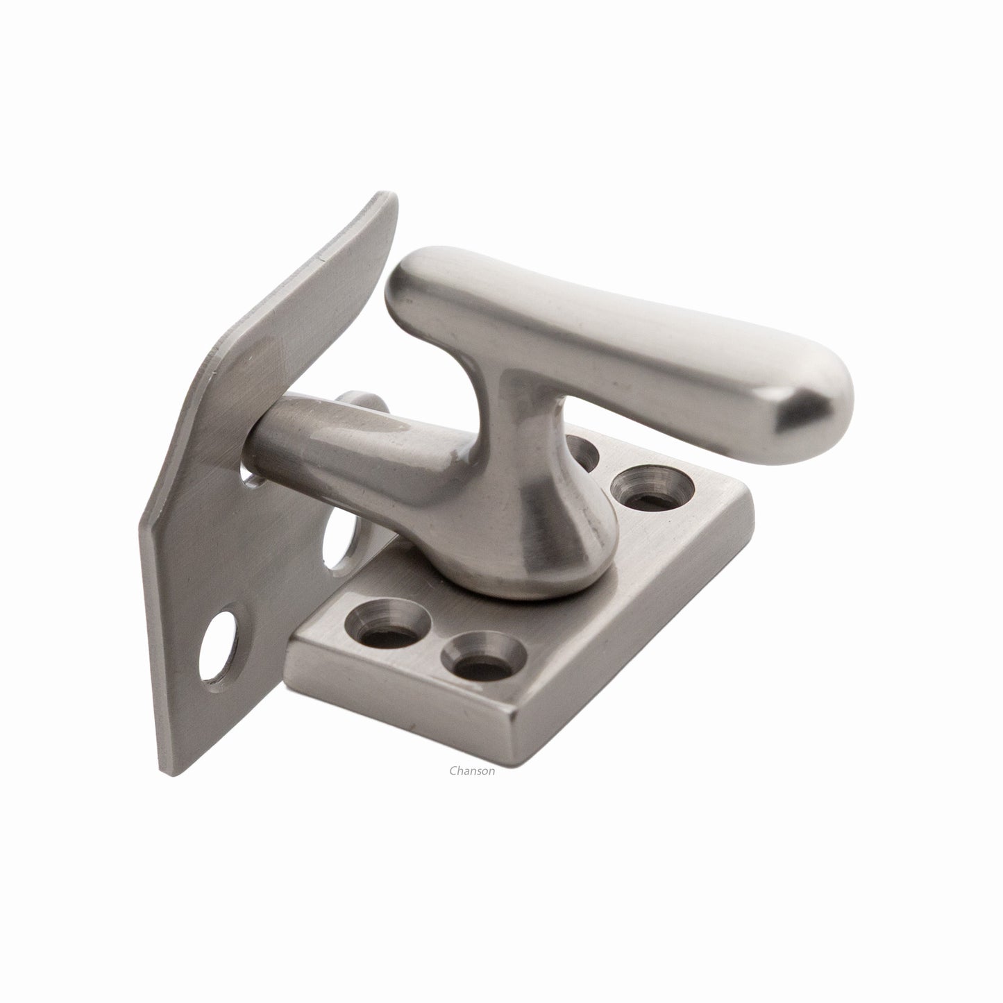 Solid brass casement fastener latch unit engaged with rim strike plate in satin or brushed nickel US15 finish