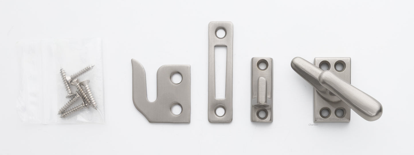 Solid brass casement fastener set that includes surface, rim, and mortise strike and finish matching screws. Finish is satin or brushed nickel US15