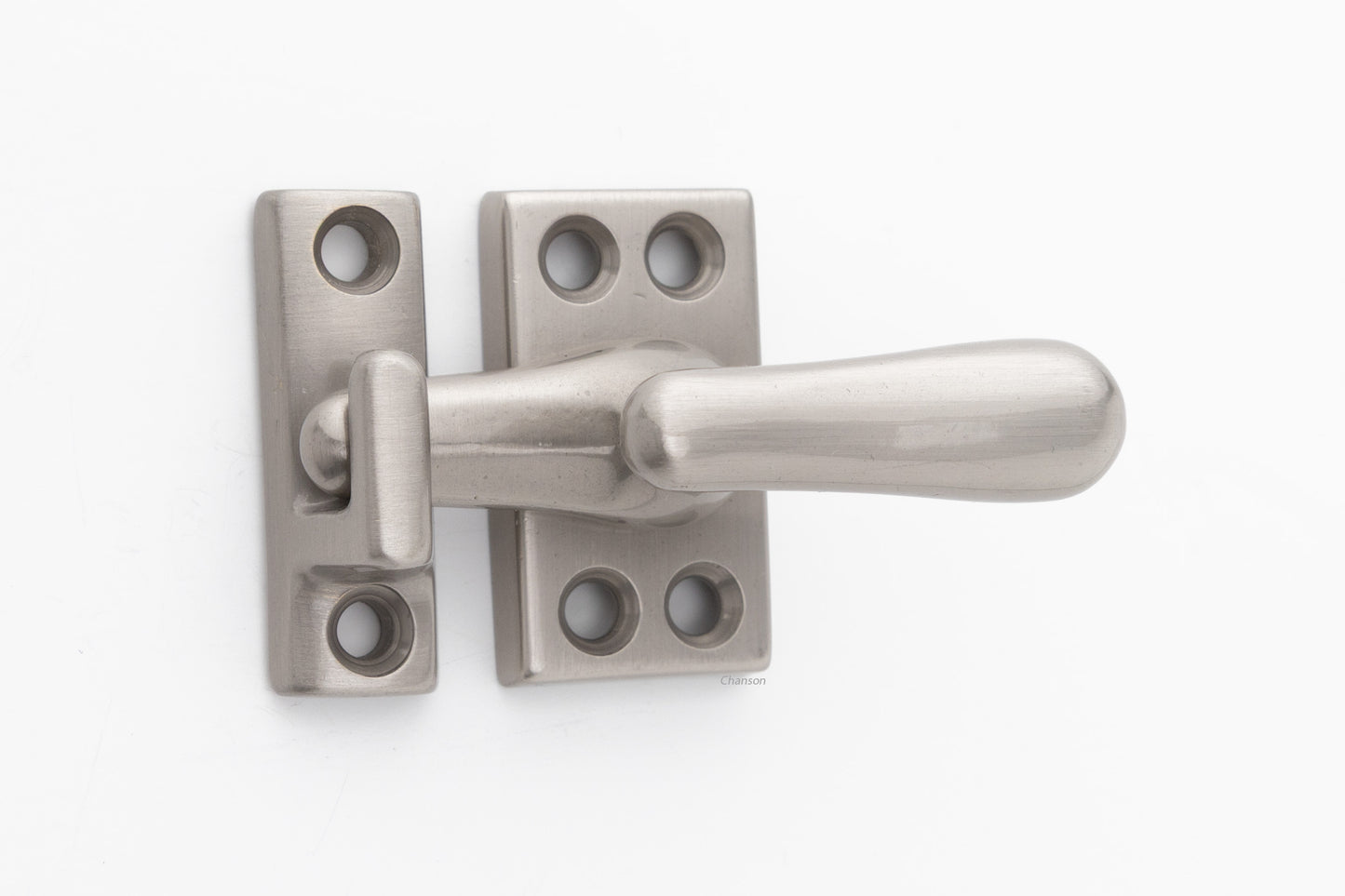 Forged solid brass casement fastener latch unit engaged with surface strike in satin or brushed nickel finish US15