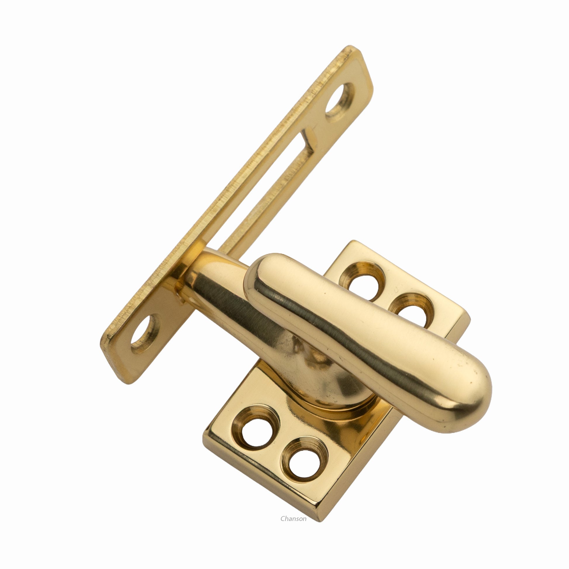 Solid brass casement latch unit engaged with mortise strike in polished brass finish US3