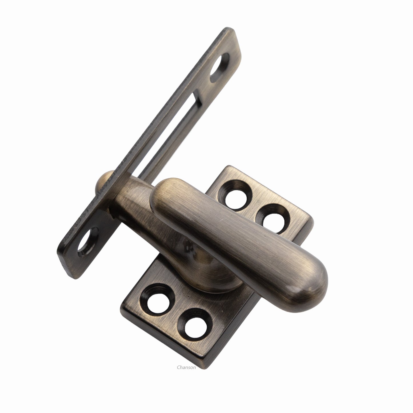 Solid brass casement latch unit engaged with mortise strike in antique brass US5 finish