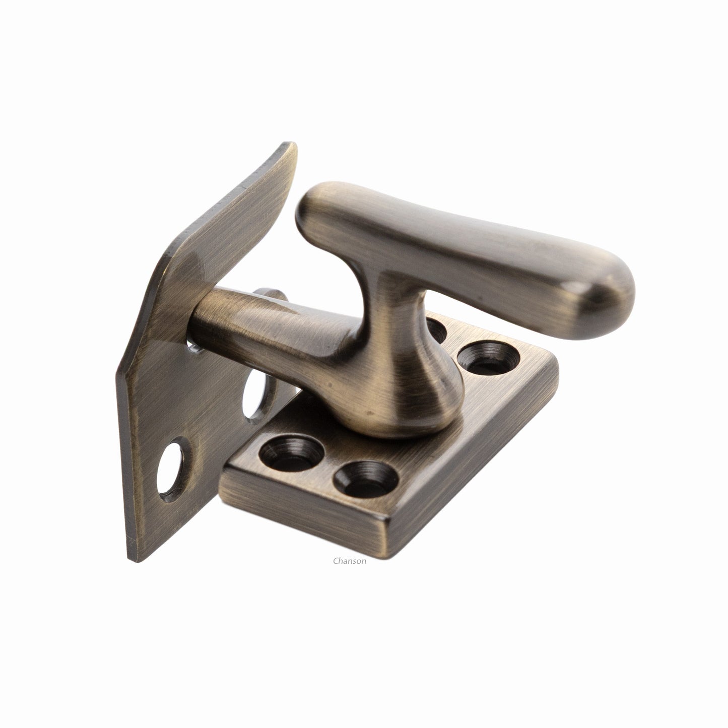 Solid brass casement fastener latch unit engaged with rim strike plate in antique brass US5 finish