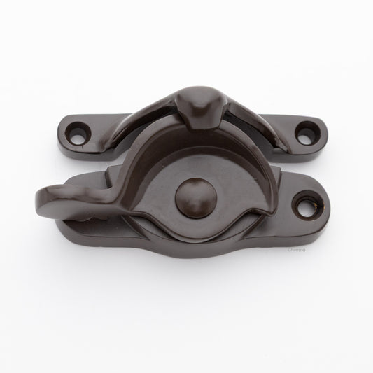 Classic or traditional large solid brass sash catch or sash window lock with hook style keeper and crescent shape in oil rubbed bronze US10B finish