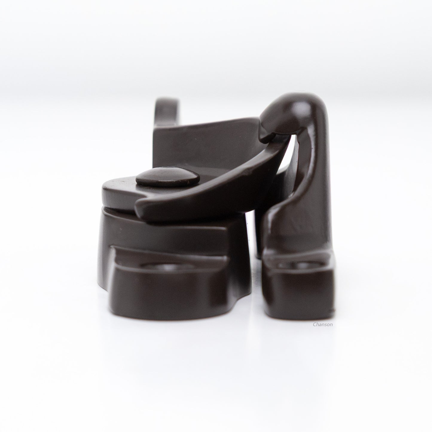 Side view of  large size solid brass sash catch, which shows latch engaging with hook strike or keeper. finish is oil rubbed bronze US10B