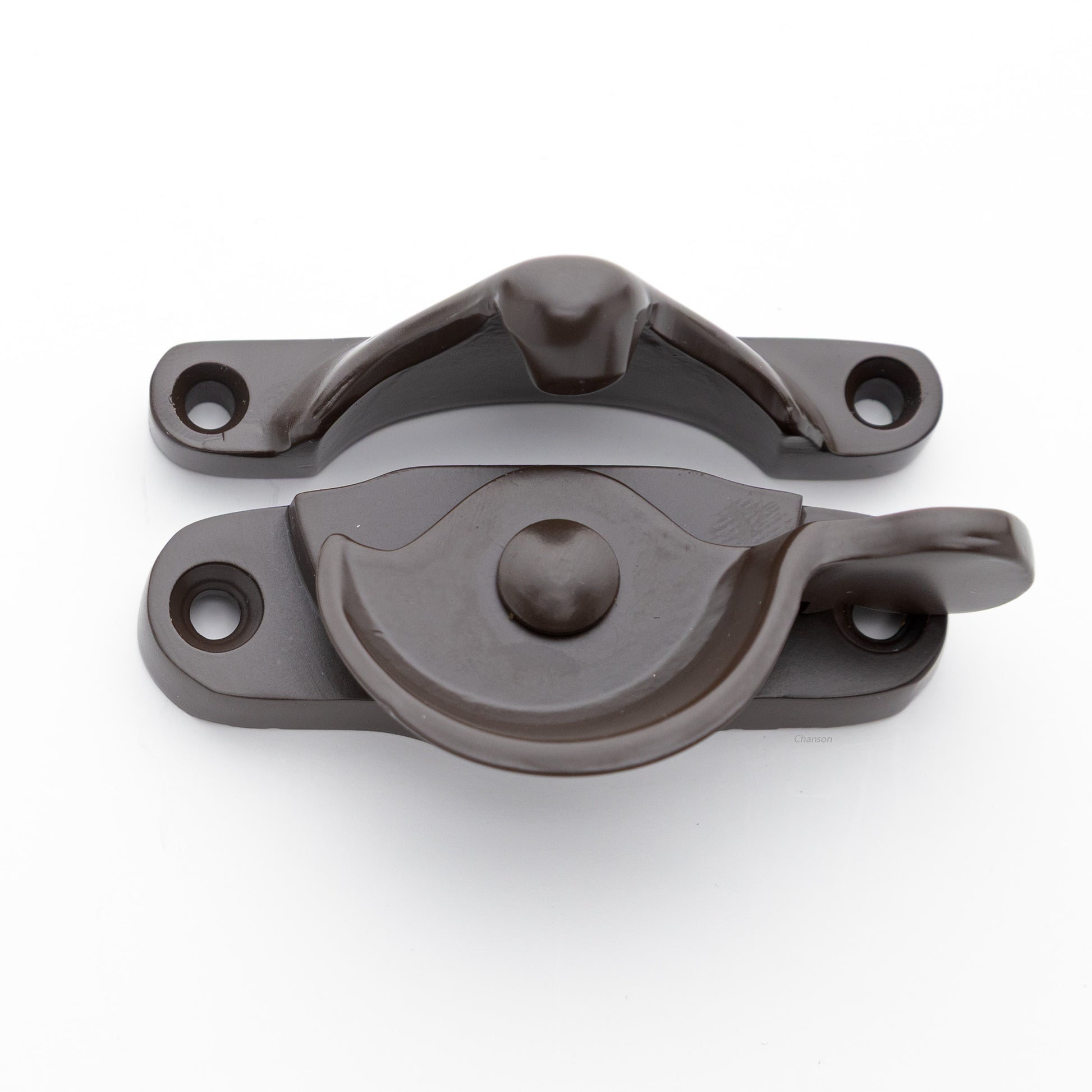 Classic style  large solid brass sash catch shown with lock turned open. Showcases hook shaped keeper and crescent shaped latch in oil rubbed bronze US10B finish