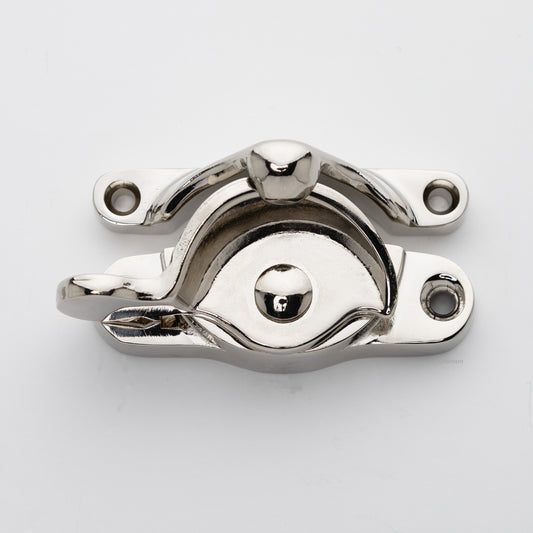 Classic or traditional large solid brass sash catch or sash window lock with hook style keeper and crescent shape in polished nickel US14 finish