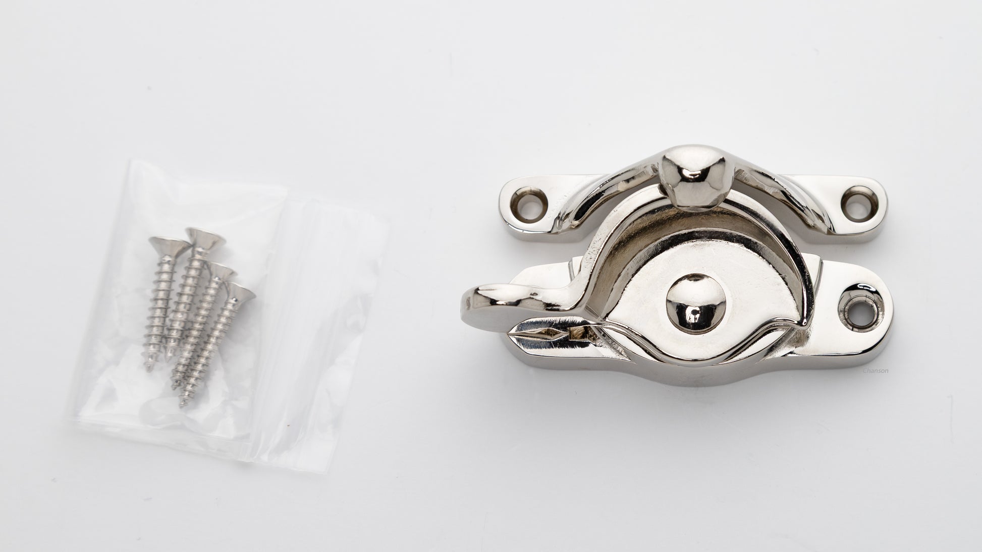 large sized Solid brass sash window catch, regular size with finish matching screws in polished nickel US14 finish