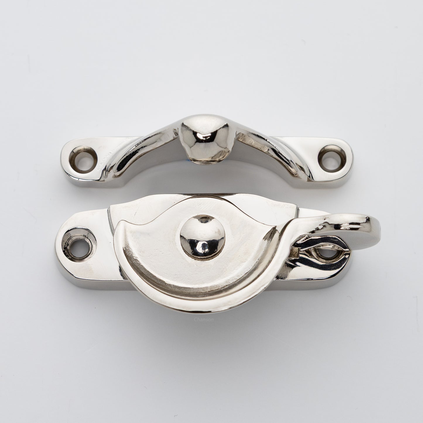 Classic style  large solid brass sash catch shown with lock turned open. Showcases hook shaped keeper and crescent shaped latch in polished nickel US14 finish
