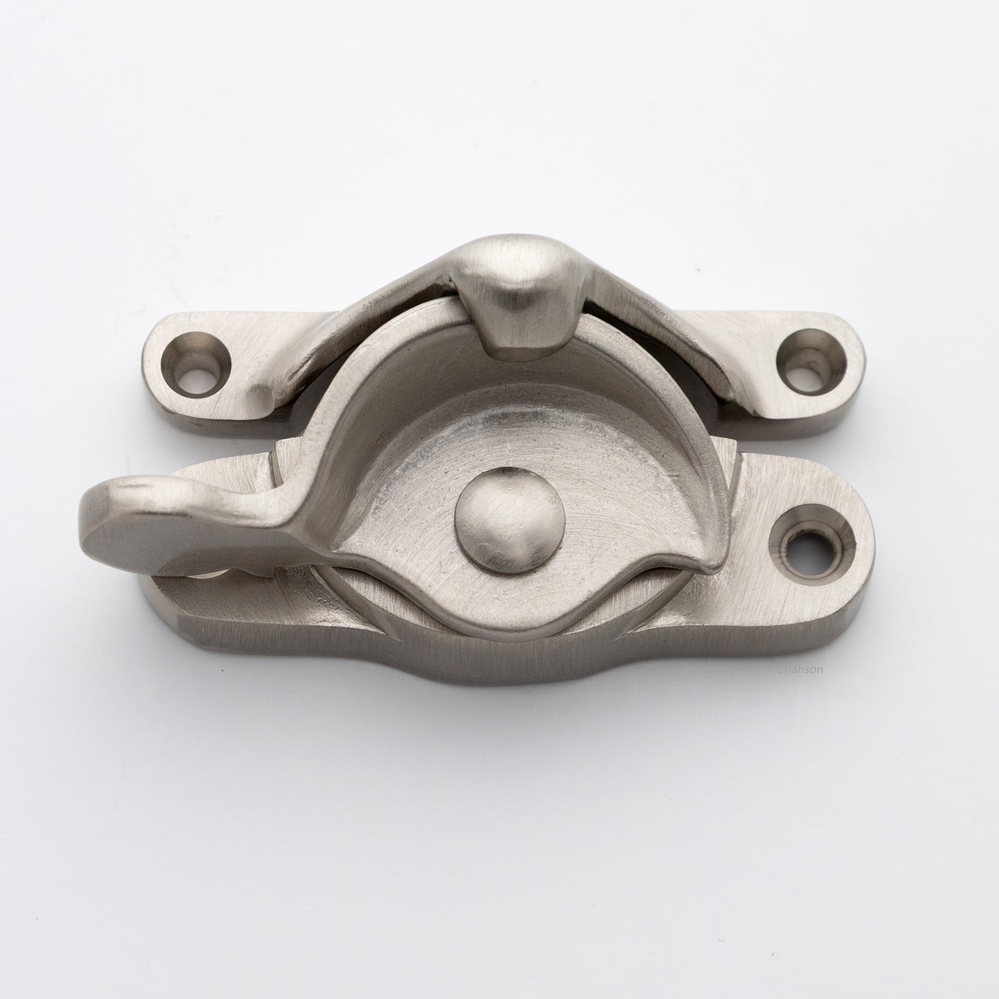 Classic or traditional large solid brass sash catch or sash window lock with hook style keeper and crescent shape in satin or brushed nickel US15 finish
