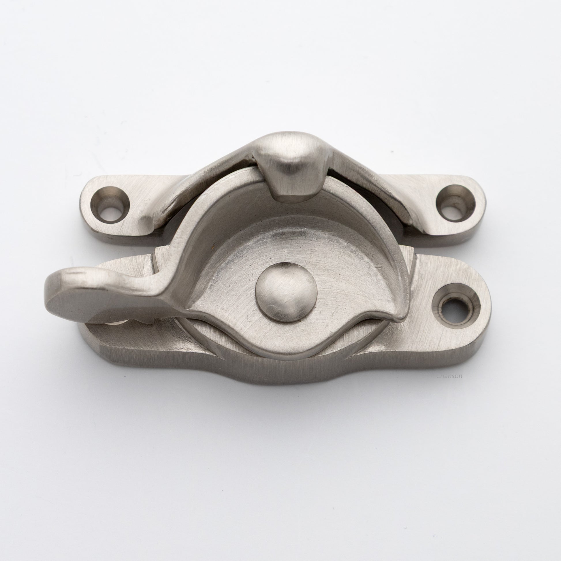 Classic or traditional large solid brass sash catch or sash window lock with hook style keeper and crescent shape in satin or brushed nickel US15 finish