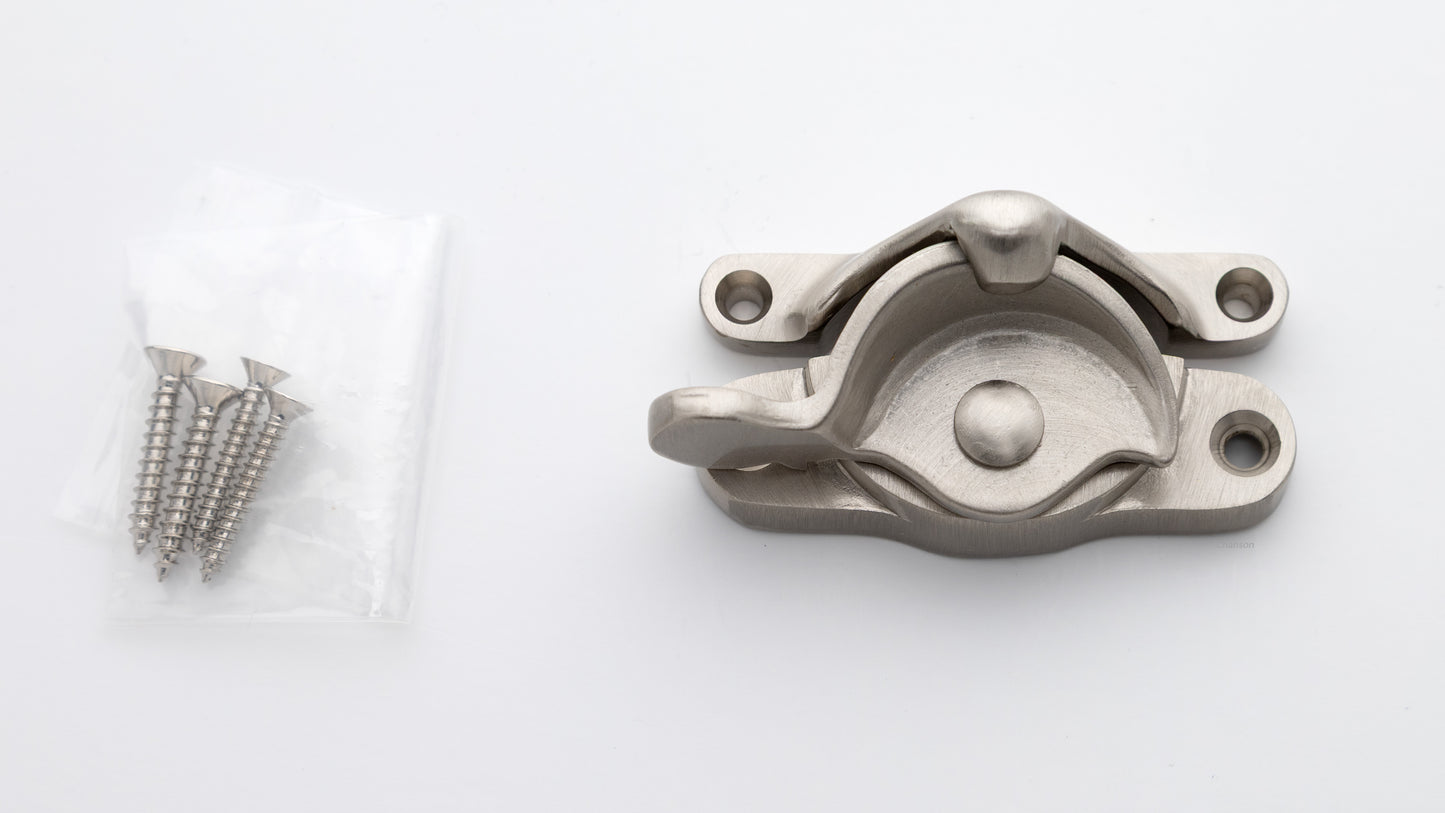 large sized Solid brass sash window catch, regular size with finish matching screws in satin or brushed nickel US15 finish