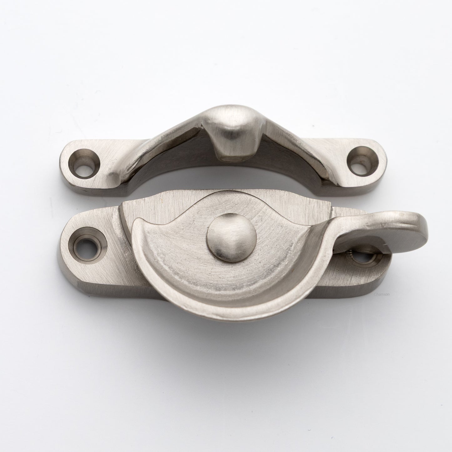 Classic style  large solid brass sash catch shown with lock turned open. Showcases hook shaped keeper and crescent shaped latch in satin or brushed nickel US15 finish