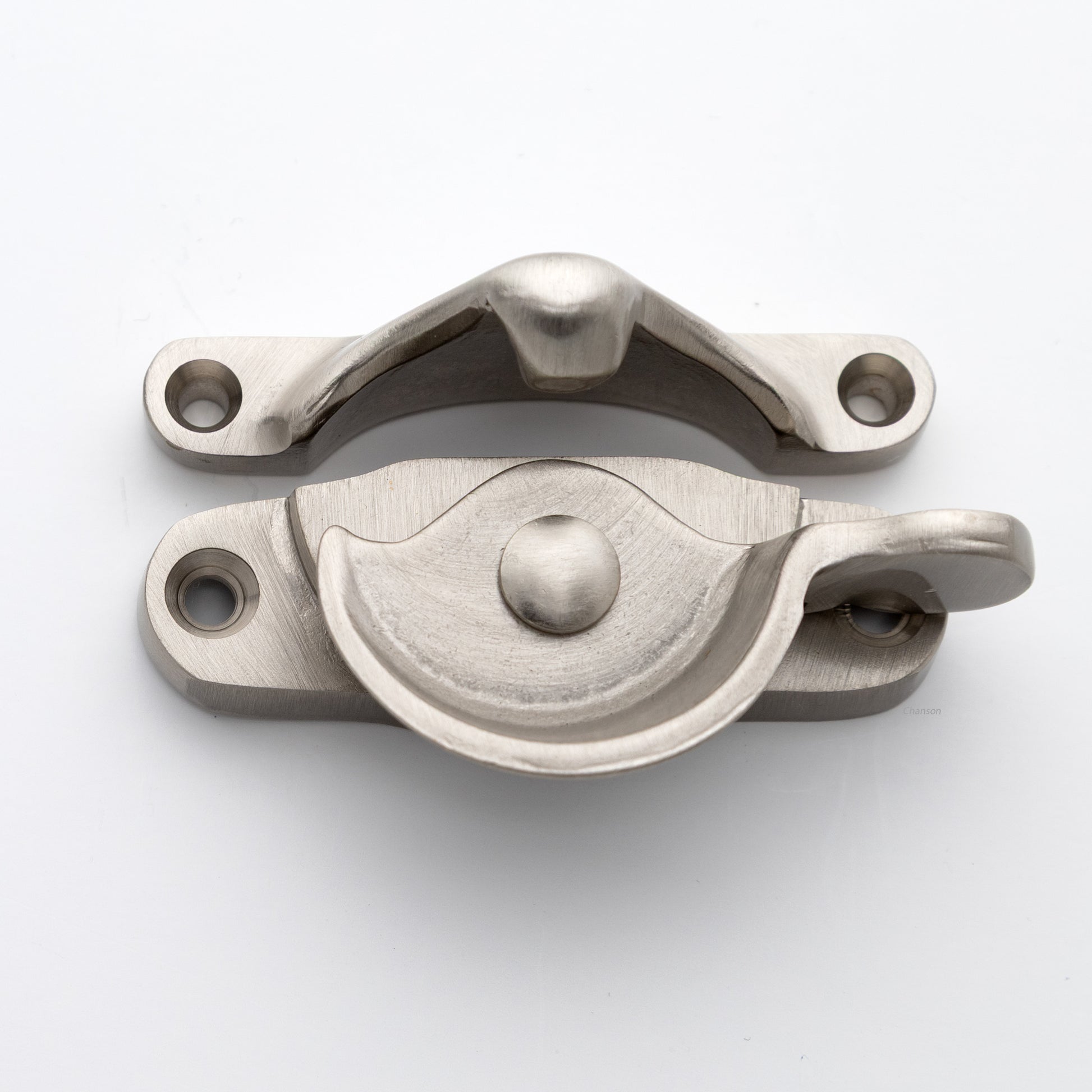 Classic style  large solid brass sash catch shown with lock turned open. Showcases hook shaped keeper and crescent shaped latch in satin or brushed nickel US15 finish