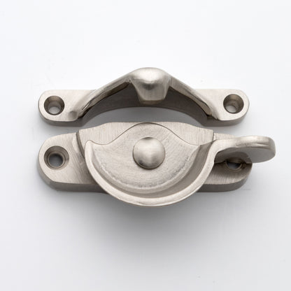 Classic style  large solid brass sash catch shown with lock turned open. Showcases hook shaped keeper and crescent shaped latch in satin or brushed nickel US15 finish