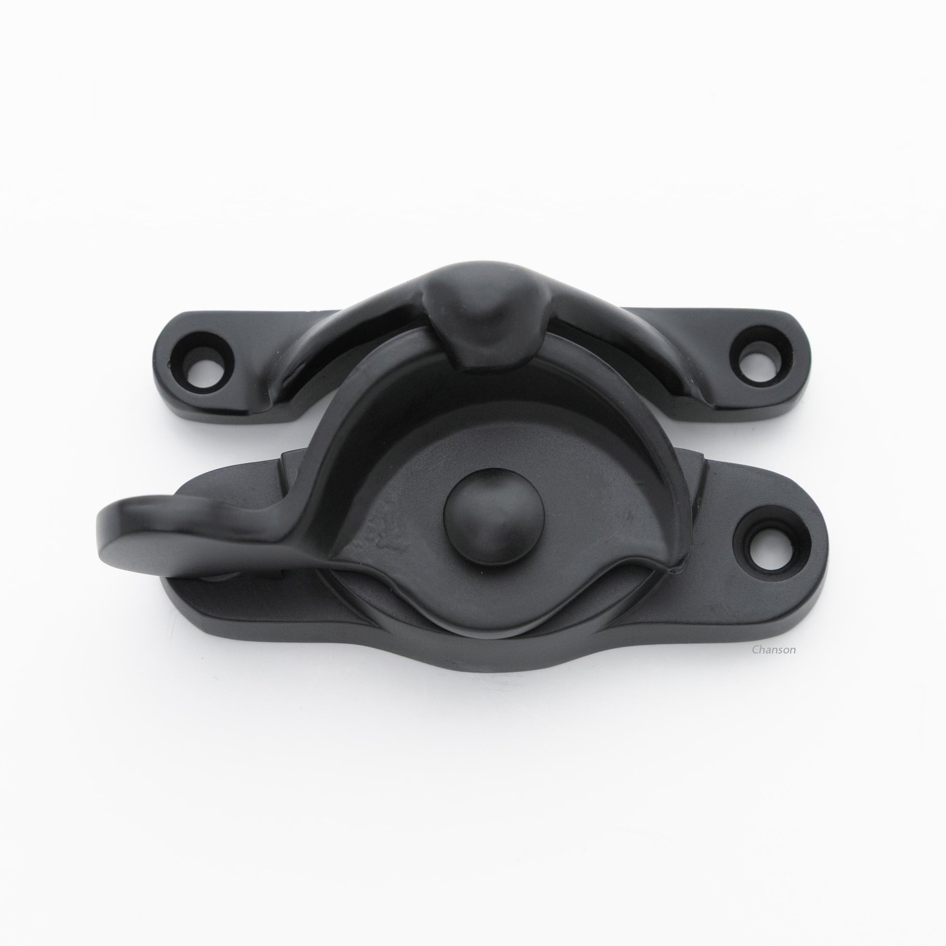 Classic or traditional large solid brass sash catch or sash window lock with hook style keeper and crescent shape in flat or matte black US19 finish