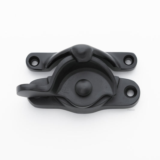 Classic or traditional large solid brass sash catch or sash window lock with hook style keeper and crescent shape in flat or matte black US19 finish