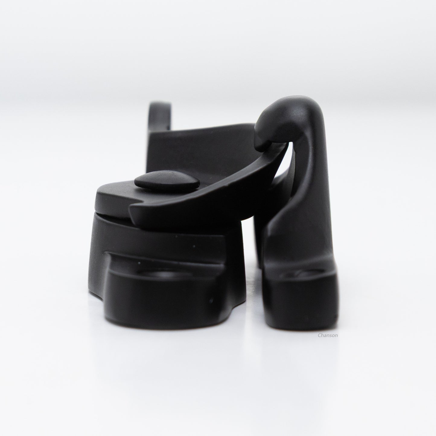 Side view of  large size solid brass sash catch, which shows latch engaging with hook strike or keeper. finish is flat or matte black US19 