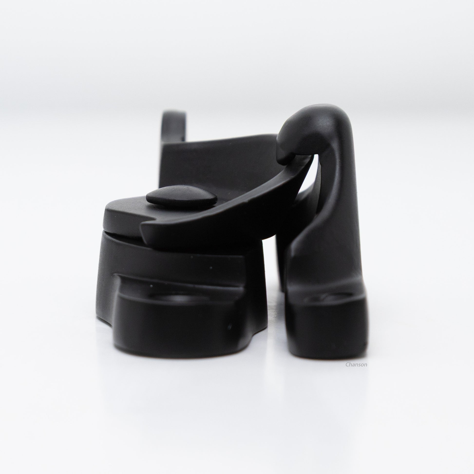 Side view of  large size solid brass sash catch, which shows latch engaging with hook strike or keeper. finish is flat or matte black US19 