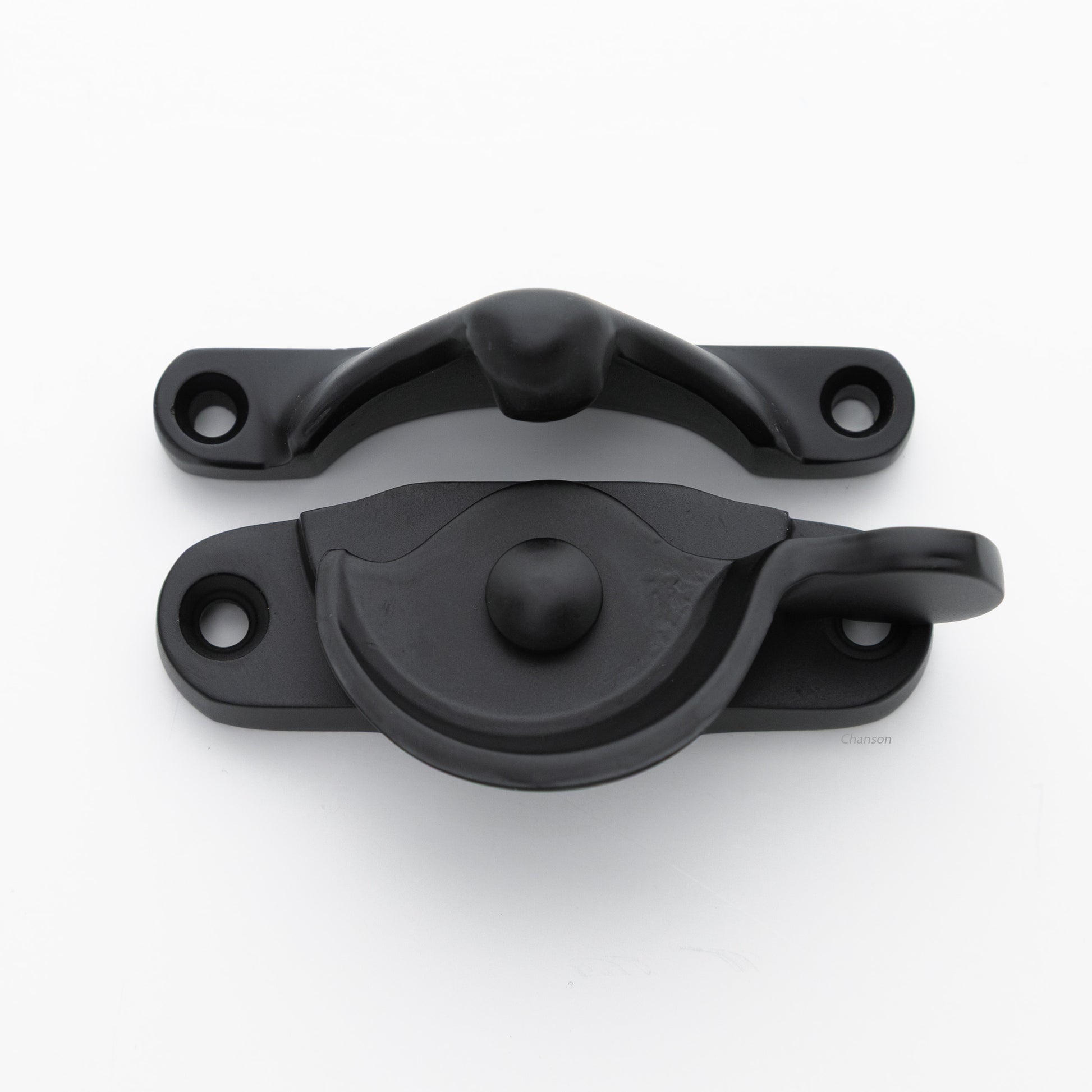 Classic style  large solid brass sash catch shown with lock turned open. Showcases hook shaped keeper and crescent shaped latch in flat or matte black US19 finish